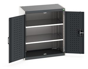 Heavy Duty Bott cubio cupboard with perfo panel lined hinged doors. 800mm wide x 525mm deep x 900mm high with 2 x100kg capacity shelves.... Bott Industial Tool Cupboards with Shelves